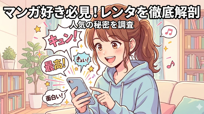 スマホでマンガを読んで楽しんでいる女性のイラスト。「マンガ好き必見！レンタを徹底解剖」というタイトル入りのアイキャッチ画像。